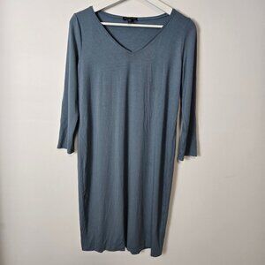 Eileen Fisher Size S V-Neck 3/4 Sleeve Shirt Dress Jersey Knit Blue Stretch